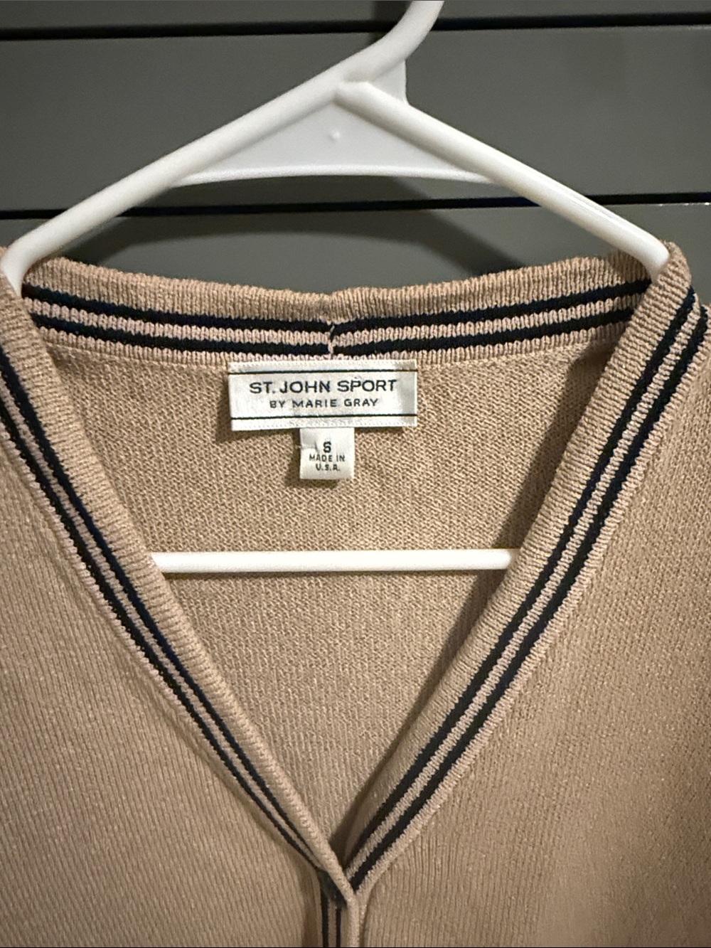 St. John Sport V-Neck Cardigan in Beige with Black and Pink Floral Print